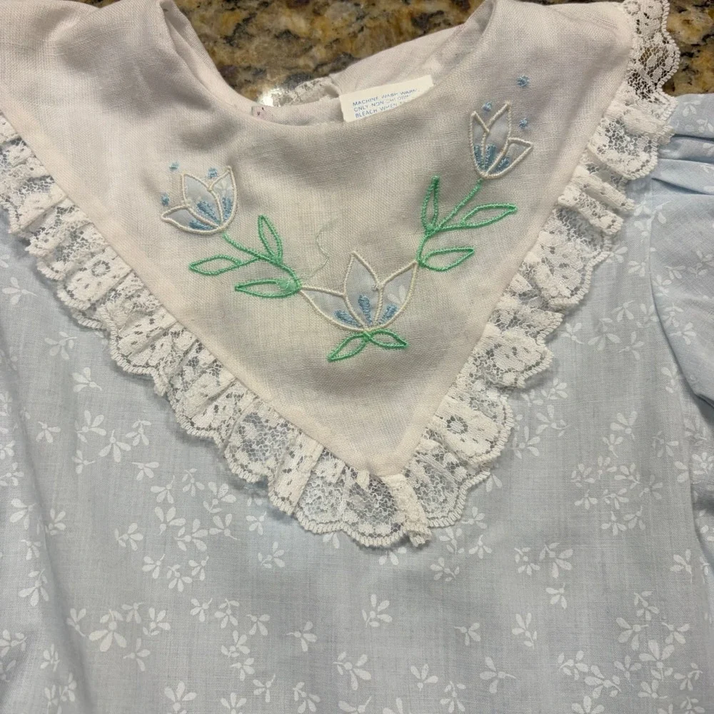 Vintage Cradle Togs Light Blue Floral Lace Embroidered Bib Collar Dress Kids